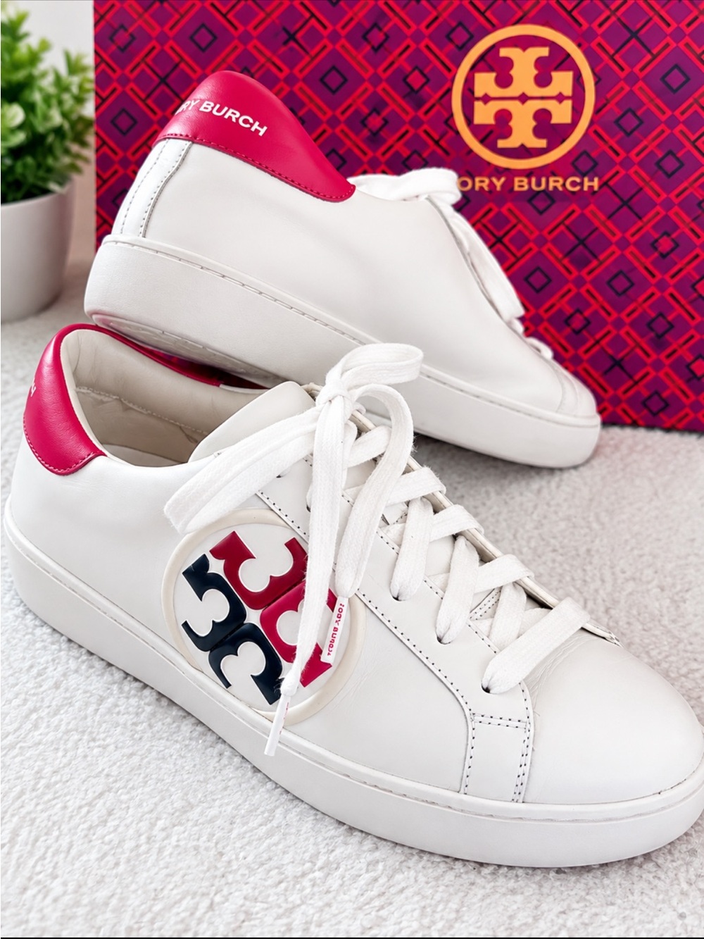 Tory Burch White Leather Sneakers with Pink and Navy Logo, size 8.5.